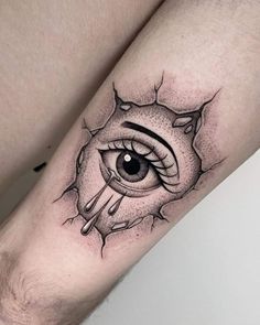 an eye tattoo on the leg