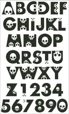 an alphabet with skulls on it and numbers written in black, including the letter's upper