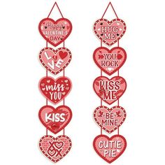 valentine's day hanging decorations with hearts and sayings on the front, two are red