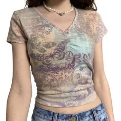 Vintage Butterfly Short Sleeve Tshirts Aesthetic Fairycore Tops Women V Neck Slim Tees Summer Grunge Clothes Aesthetic Fairycore, Crop Top Aesthetic, Fairycore Grunge, Summer Grunge, Tøp Aesthetic, Grunge Vintage, Estilo Grunge, Summer Outfits For Teens, Retro T Shirt