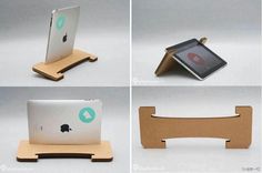 four different views of an apple ipad and other electronic devices, all made out of cardboard