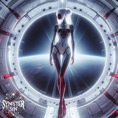 a futuristic woman standing in the middle of a space station with her hands on her hips