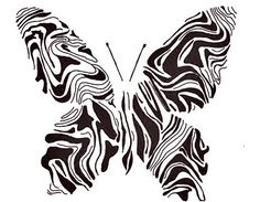 a black and white butterfly is shown on a white background with the image of a zebra pattern