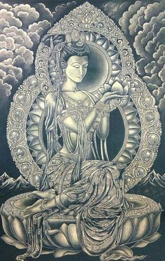 a drawing of a buddha sitting in the clouds with her hands on her knees and feet crossed