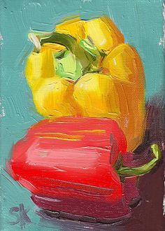 a painting of peppers and yellow bell peppers