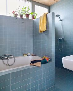 a blue tiled bathroom with a bathtub, shower head and plants on the window sill