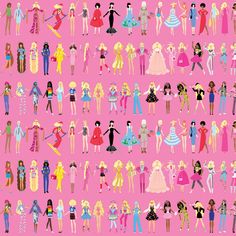 a pink background with many different barbie dolls on the front and back of each doll