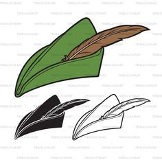 a green hat with a feather on top and two other items in the bottom corner