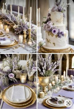 the table is decorated with purple flowers and gold plates, candles, and napkins