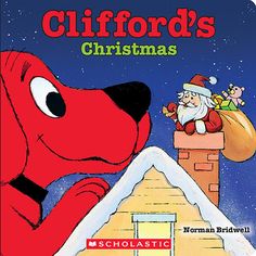 a book cover with a dog looking at santa claus on top of a chimney in the snow