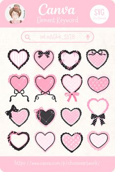 pink and black heart shaped appliques on a white background with the words canva element keyboard