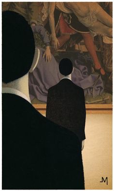 a man standing in front of a painting with his back turned to the camera,