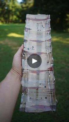 someone is holding up a piece of fabric in the middle of a field with trees and grass