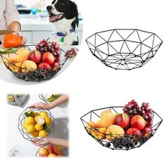 a dog is sitting in front of a bowl full of fruit, and another photo shows it