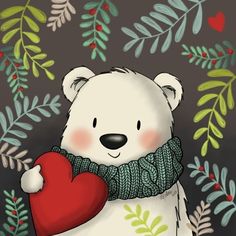 a polar bear holding a red heart surrounded by green and red leaves on a dark background