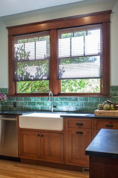 Stained Wood Kitchen Cabinets with Apron Front Sink, Green Subway Tile, Stained Fir Window Trim, Soapstone Countertops California Craftsman Kitchen, Arts And Crafts Kitchen Cabinets, Traditional Craftsman Kitchen, Kitchen Design Craftsman, 1900s Craftsman Style Homes, 1920 Craftsman Kitchen, Craftsman Style Homes Kitchen, Craftsman Kitchen Floor, Modern Craftsman Interior Kitchen