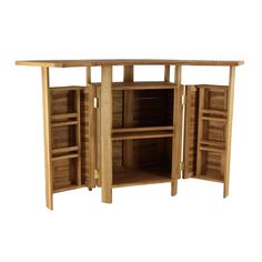 a wooden cabinet with open doors and shelves