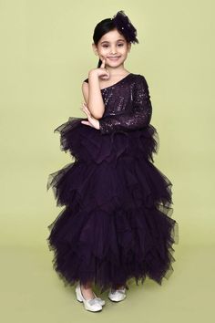 Purple one shoulder gown with sequin embellished bodice, bow embellishment and ruffle layers detailing. Comes with a matching rosette hair pin. - Aza Fashions Gowns Purple, Purple Girls, One Shoulder Gown, Gowns For Girls, Girl Online, Hair Pin, Modern Bride, Aza Fashion, Shoulder Sleeve