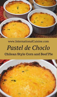 several different types of baked food in white dishes on a table with the words pastel de cholo written below