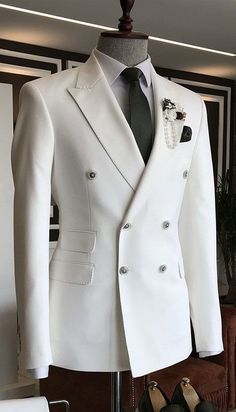 Elegant Double-breasted Suit Set For Groom, Double-breasted Wedding Suit, Elegant White Slim Fit Three-piece Suit, White Slim Fit Elegant Three-piece Suit, Double-breasted Tuxedo Three-piece Suit For Wedding, White Double-breasted Suit For Wedding, White Double-breasted Wedding Suit, White Fitted Single Breasted Three-piece Suit, White Fitted Single-breasted Three-piece Suit