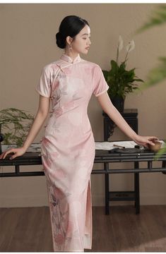 Pink Short Sleeves Roses Printed Qipao Cheongsam Dress – Oriental Me Elegant Floral Print Cheongsam With Stand Collar, Elegant Fitted Cheongsam With Floral Print, Elegant Pink Ao Dai With Floral Embroidery, Elegant Summer Dresses For Traditional Ceremonies, Elegant Cheongsam For Traditional Ceremonies, Elegant Spring Ceremony Cheongsam, Spring Ceremony Fitted Cheongsam, Elegant Floral Print Cheongsam For Spring, Elegant Floral Print Spring Cheongsam