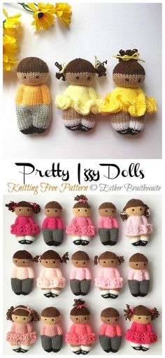 knitted dolls are arranged in different colors and sizes, with the words pretty doll on them