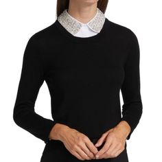 Alice + Olivia Porla Embellished Collar Wool-Blend Sweater.Original Price:$440 Porla Embellished Collar Wool-Blend Sweater This Luxe Wool-Blend Sweater Is Accented With A Shimmering Crystal-Embellished Spread Collar. Spread Collar Three-Quarter-Length Sleeves Exposed Back Zip Closure 95% Wool/5% Elastane Collar: 100% Cotton Dry Clean Elegant Fall Tops With Embellished Collar, Elegant Evening Top With Embellished Collar, Elegant Workwear Tops With Embellished Collar, Luxury Tops With Embellished Collar, Elegant Tops With Embellished Collar For Work, Elegant Embellished Tops For Workwear, Elegant Fitted Top With Embellished Collar, Elegant Embellished Winter Tops, Embellished Collar