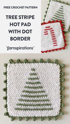 two crocheted christmas tree coasters with text overlay that says free stripe hot pad with dot border