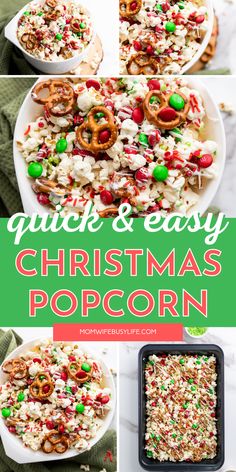 christmas popcorn recipe with the words quick and easy christmas popcorn in green, white and red