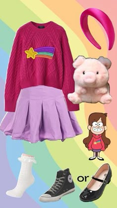 an assortment of clothing and accessories on a rainbow background