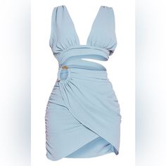 We Are Loving This Dress For Your New Season Wardrobe. Featuring A Dusty Blue Textured Material With A Plunging Neckline, A Wrap Design And Wooden Ring Detailing. Just Add Heeled Mules And Gold Hoops To Complete The Look. Length Approx 81.5cm/32" (Based On A Sample Size Uk 8) Model Wears Size Uk 8/ Eu 36/ Aus 8/ Us 4 Model Height - 5ft 8.5" 100% Polyester Light Blue V-neck Mini Dress For Evening, Chic Light Blue V-neck Bodycon Dress, Light Blue V-neck Bodycon Party Dress, V-neck Mini Dress With Cutout For Date Night, V-neck Cutout Mini Dress For Date Night, Blue Cutout Mini Dress For Party, Chic Light Blue Backless Mini Dress, Light Blue V-neck Mini Dress For Night Out, Elegant Blue Cutout Dress