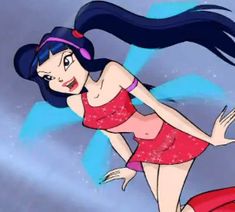 a cartoon girl in a red swimsuit is flying through the air with her long black hair