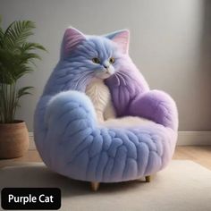 a purple cat sitting on top of a blue chair next to a potted plant