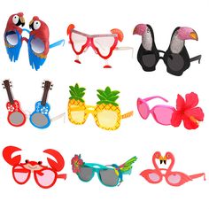 several different types of sunglasses with flamingos, pineapples, and other items