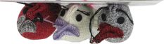 three pairs of knitted slippers hanging from a hook on a surfboard,