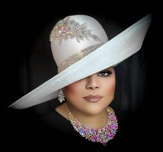 satin hat in the color of white! accented with stones! 8 inch brim Church Lady Hats, Classy Hats, Dressy Hats, Round Hat, Elegant Hats, Fancy Hats, Church Hats, Beautiful Hats, Hat Pins