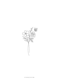 a black and white drawing of flowers with a butterfly on the top of one flower