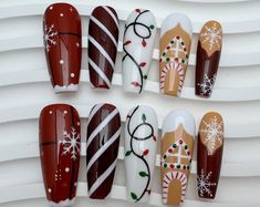 Christmas Gingerbread Candy Cane Glitter Press on Nails Handmade Red & Brown Reusable Fake Fingernails - Etsy Christmas Nail Art Coffin, Unique Christmas Nail Designs, Painted Acrylic Nails, Nails Festive, Season Nails, Fake Nails Designs, Press On, Red And White Christmas, Light Nails