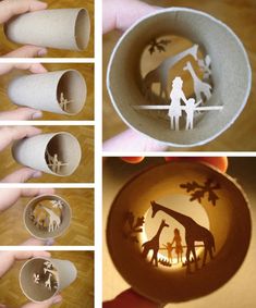 four different views of paper cut out animals and people in a bowl, with one person holding an ornament