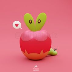 an apple with two eyes and a heart on its head, sitting in front of a pink background