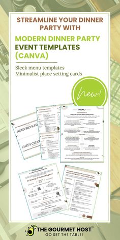 a flyer for a modern dinner party that includes menus and place settings to print