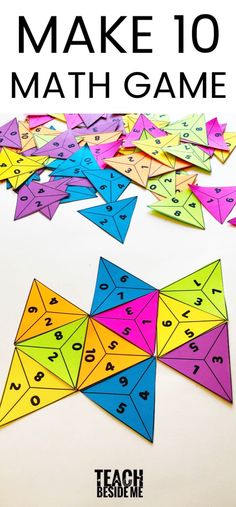 an image of make 10 math game with colorful paper pieces and numbers on the side