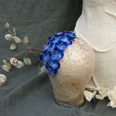 "Something blue: Elegant, vintage inspired bridal headpiece / fascinator with silk hydrangea. Fifties style, made of many ivory hydrangea silk flowers. With rhinestones. Teardrop shape - measurement approx. 20 x 11cm / 7,8 x 4,3\" Fits perfectly to the pencil skirt, costume or a Jackie dress. To wear with a clip. Very sophisticated and elegant. Available in royal blue, pale blue or ivory / cream." Handmade Flower Headpiece For Wedding, Blue Handmade Flower Wedding Hair Accessories, Blue Handmade Flower Hair Accessories For Weddings, Vintage Blue Fascinator For Weddings, Ivory Hydrangea, Style Année 20, Fifties Style, Jackie Dress, Hydrangea Wedding