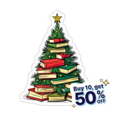 a christmas tree made out of books with the words buy 10 get 50 % off