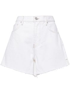 white cotton denim raw-cut edge high-rise belt loops front button and zip fastening classic five pockets thigh-length Chic Cutoff Shorts With Belt Loops, Trendy White Shorts With Belt Loops, White Cotton Jean Shorts With Frayed Hem, White Cutoff Shorts With Frayed Hem, White High Waist Shorts With Frayed Hem, White Bottoms With Frayed Hem And Short Length, White Short Length Bottoms With Frayed Hem, Chic White Cotton Jean Shorts, White High Waist Jean Shorts With Belt Loops