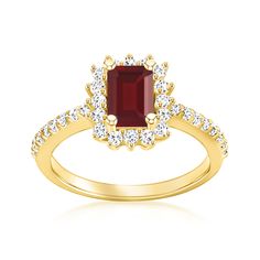 Ross-Simons - 1.20ct Garnet Ring, .48ct t. w. Diamonds in 14kt Yellow Gold. Size 8. Treat yourself to remarkable color and sparkle! Our glamorous ring features a richly hued 1.20 carat emerald-cut garnet in a scintillating frame of .48 ct. t. w. round brilliant-cut diamonds. Finely crafted in polished 14kt yellow gold. 3/8" wide. Diamond and garnet ring. Garnet birthstones are the perfect gift for January birthdays. Garnet Birthstone, January Birthday, Garnet Ring, Garnet Rings, Round Brilliant Cut Diamond, Buy 1, Emerald Cut, Garnet, Emerald