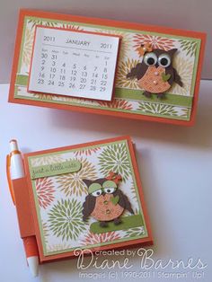 two orange and green greeting cards with an owl on them, one has a calendar attached to it