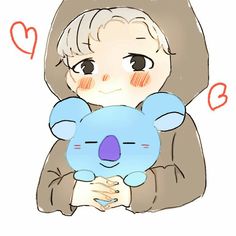 an old woman holding a blue koala in her arms with hearts above her head