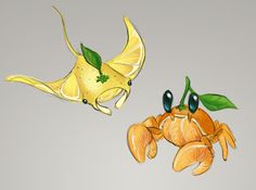 two oranges with green leaves on them next to a yellow crab