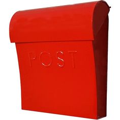 a red mailbox with the word post written on it's front and side